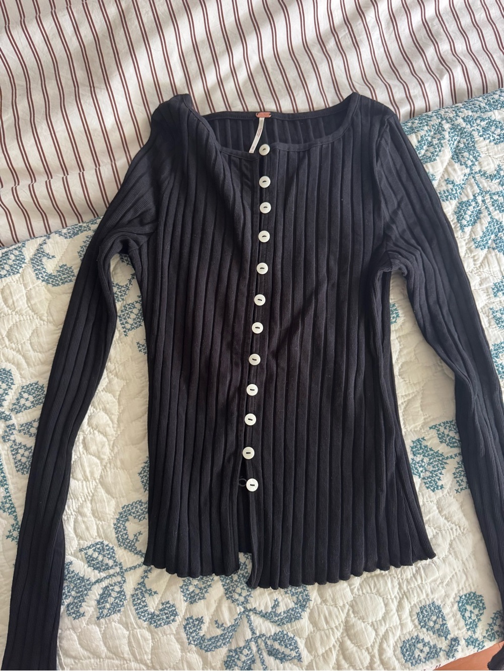 Free People Ribbed Long-Sleeve Button-Front Top - Black